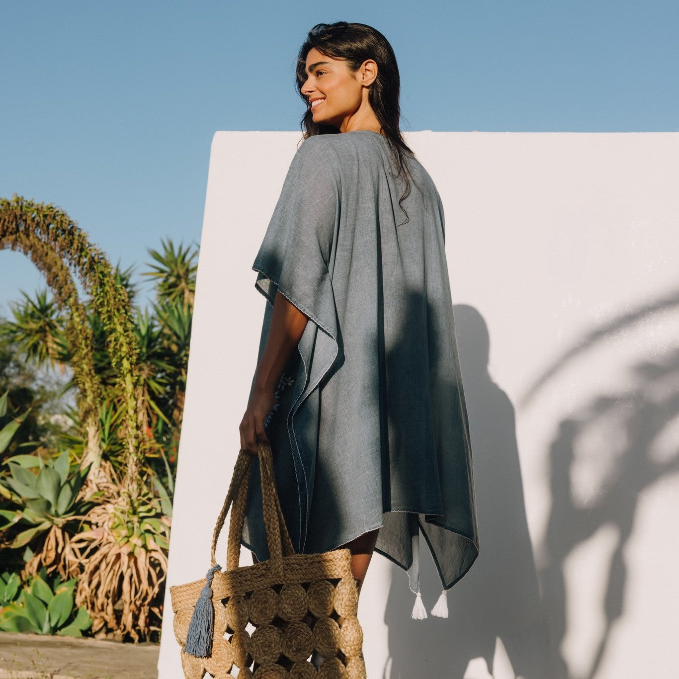 Washed cotton caftan with floral embroidery Sonis