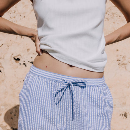 Pantalon en coton seersucker à fines rayures Lilia