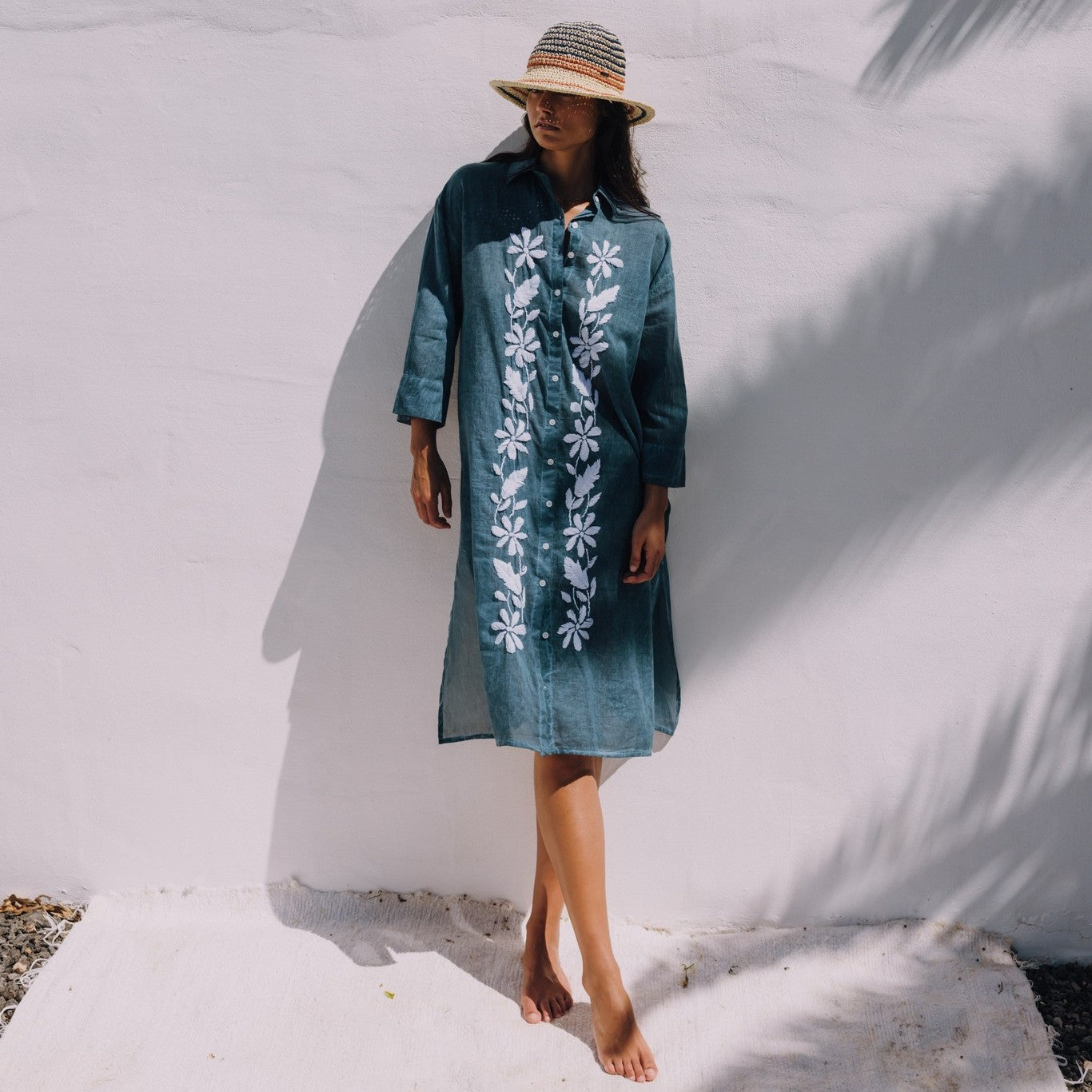 Long floral embroidered washed-cotton caftan Camis